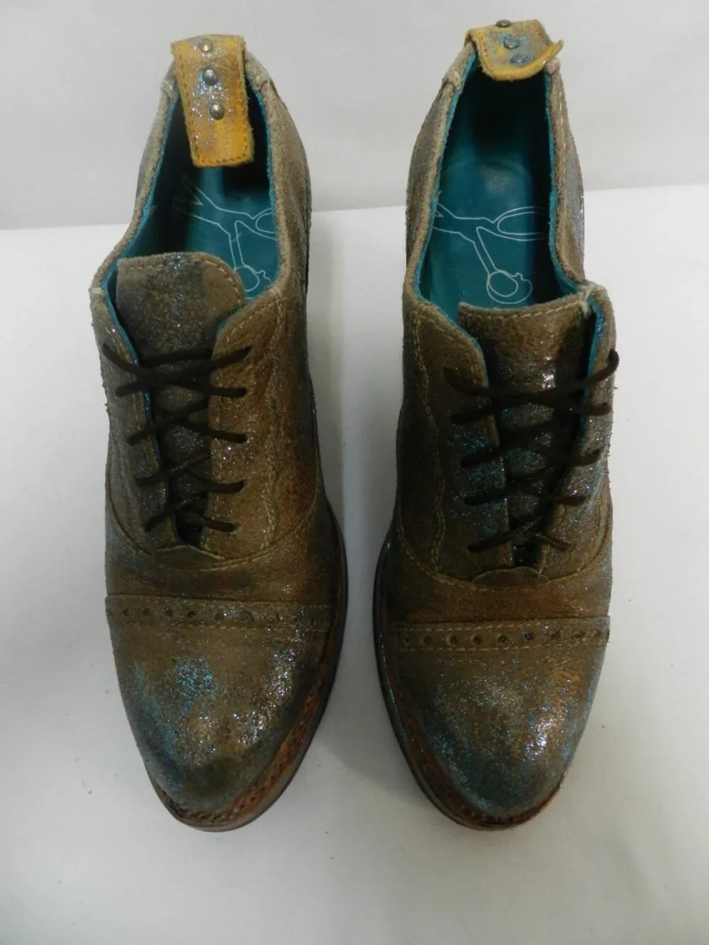 PS Kaufman Crosswalk Leather brown turquoise oxford pumps lace up Size Sz 7.5